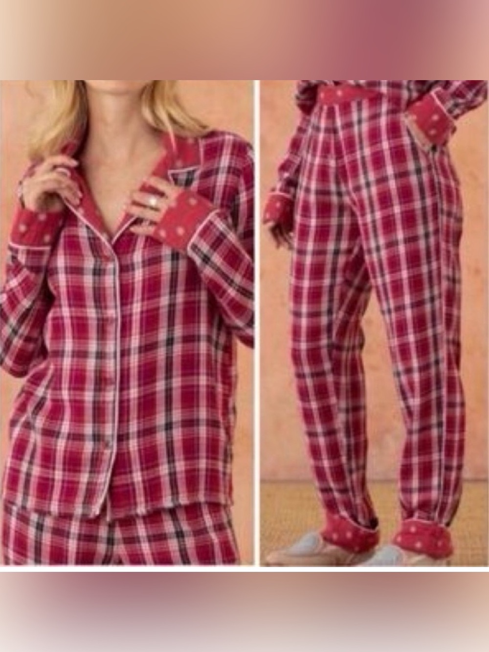 Sundance Truly Tartan 100% cotton Plaid Pajama Set NWT XS Red Pink Boho